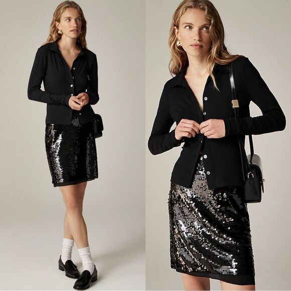 NWT J CREW Long-sleeve button-up top in refined rib in black - Picture 1 of 7